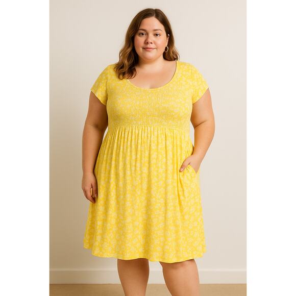 Lane Bryant Smocked Modal Dress Size 26/28 Yellow Pockets Stretchy Casual Summer - Picture 1 of 12